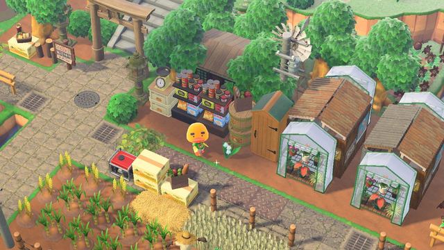 Animal Crossing farm with greenhouses and a market stall